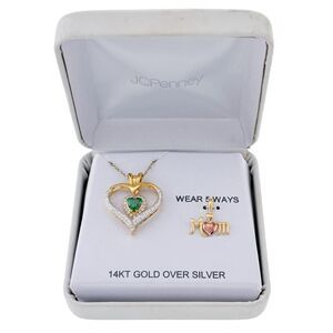 NIB 14K Over Sterling Silver Synthetic Emerald CZ Convertible MOM Necklace